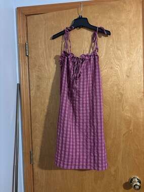 Topshop Gingham Tie-Front Ruffle Mini Dress in Purple and Pink